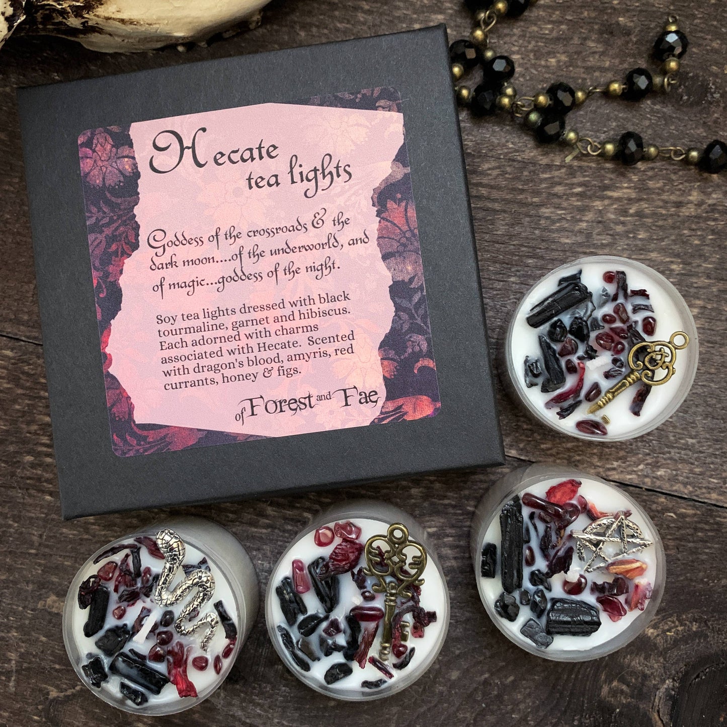 Hecate Tea Light Candle Set • Crystal & Herb Candles •