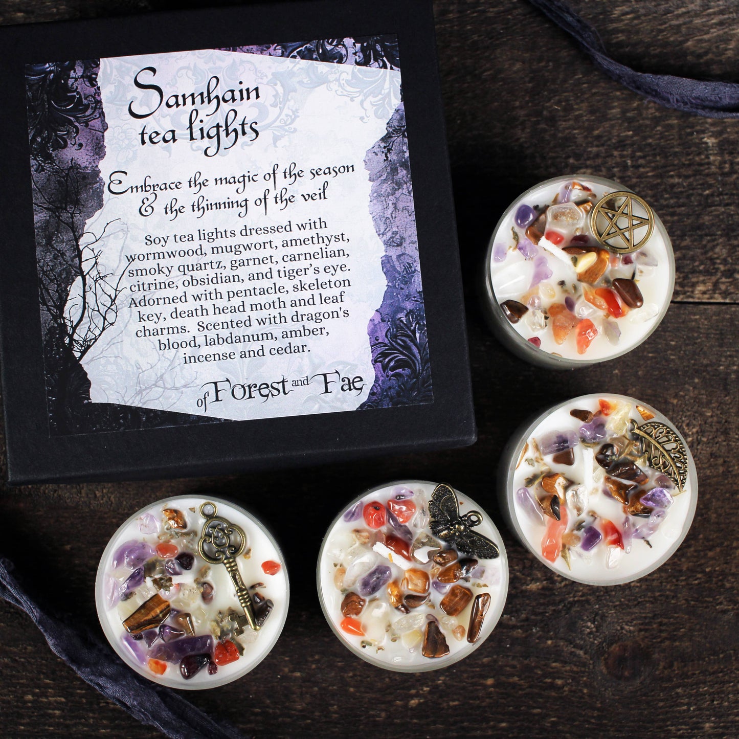 Samhain Tea Light Candle Set • Crystal & Herb Candle •