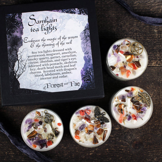 Samhain Tea Light Candle Set • Crystal & Herb Candle •