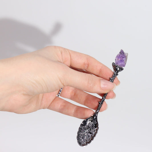 Set of 7 Dark Silver Gemstone Crystal Witch Spoons