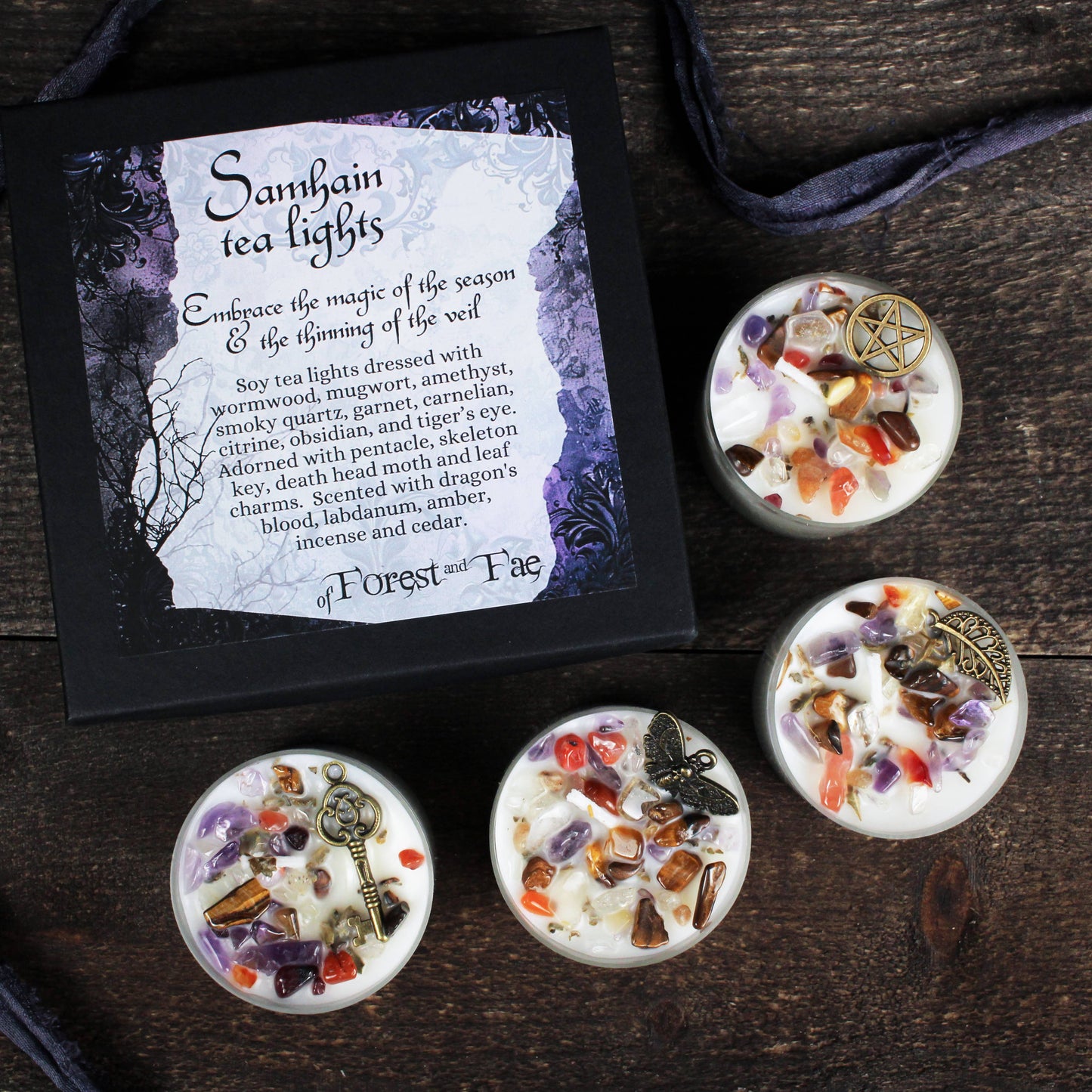 Samhain Tea Light Candle Set • Crystal & Herb Candle •